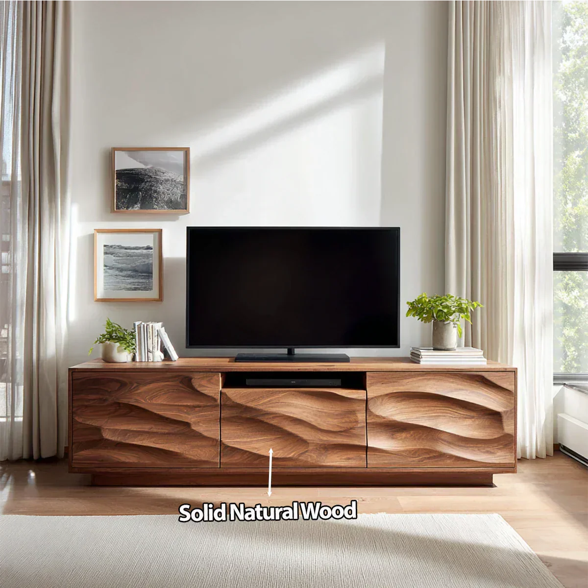 Handcrafted Solid Wood TV Stand with Sculpted Wave Cabinets and Center Media Storage - Woodenecho