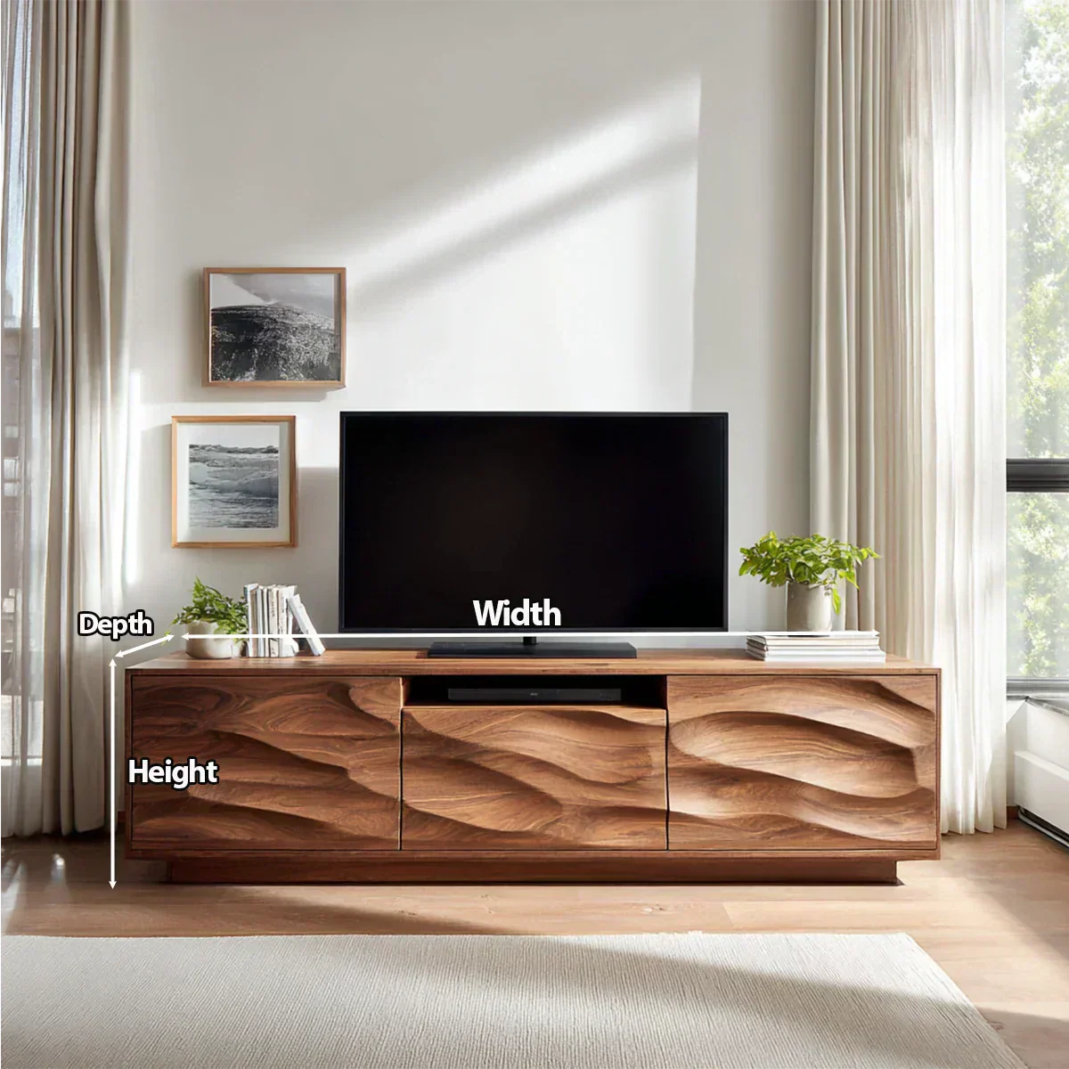 Handcrafted Solid Wood TV Stand with Sculpted Wave Cabinets and Center Media Storage - Woodenecho