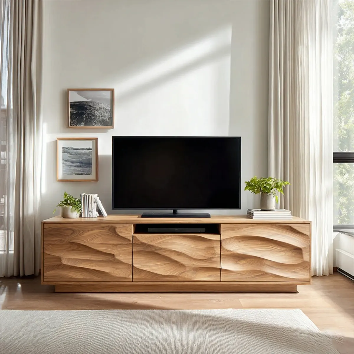 Handcrafted Solid Wood TV Stand with Sculpted Wave Cabinets and Center Media Storage - Woodenecho