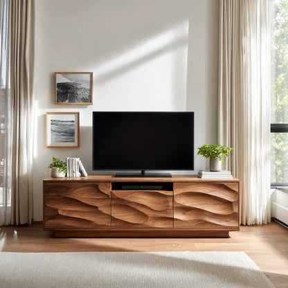 Handcrafted Solid Wood TV Stand with Sculpted Wave Cabinets and Center Media Storage - Woodenecho