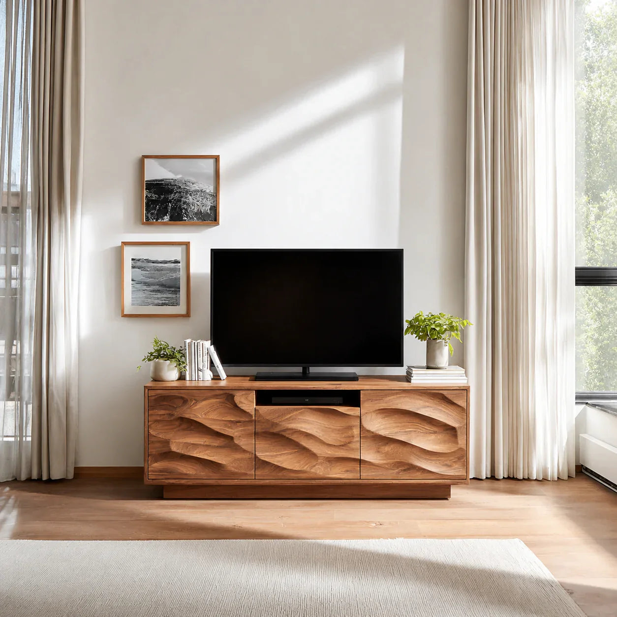 Handcrafted Solid Wood TV Stand with Sculpted Wave Cabinets and Center Media Storage - Woodenecho
