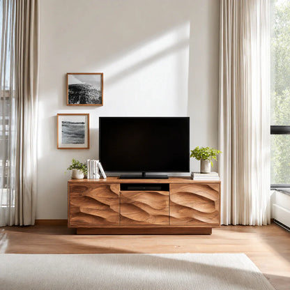 Handcrafted Solid Wood TV Stand with Sculpted Wave Cabinets and Center Media Storage - Woodenecho