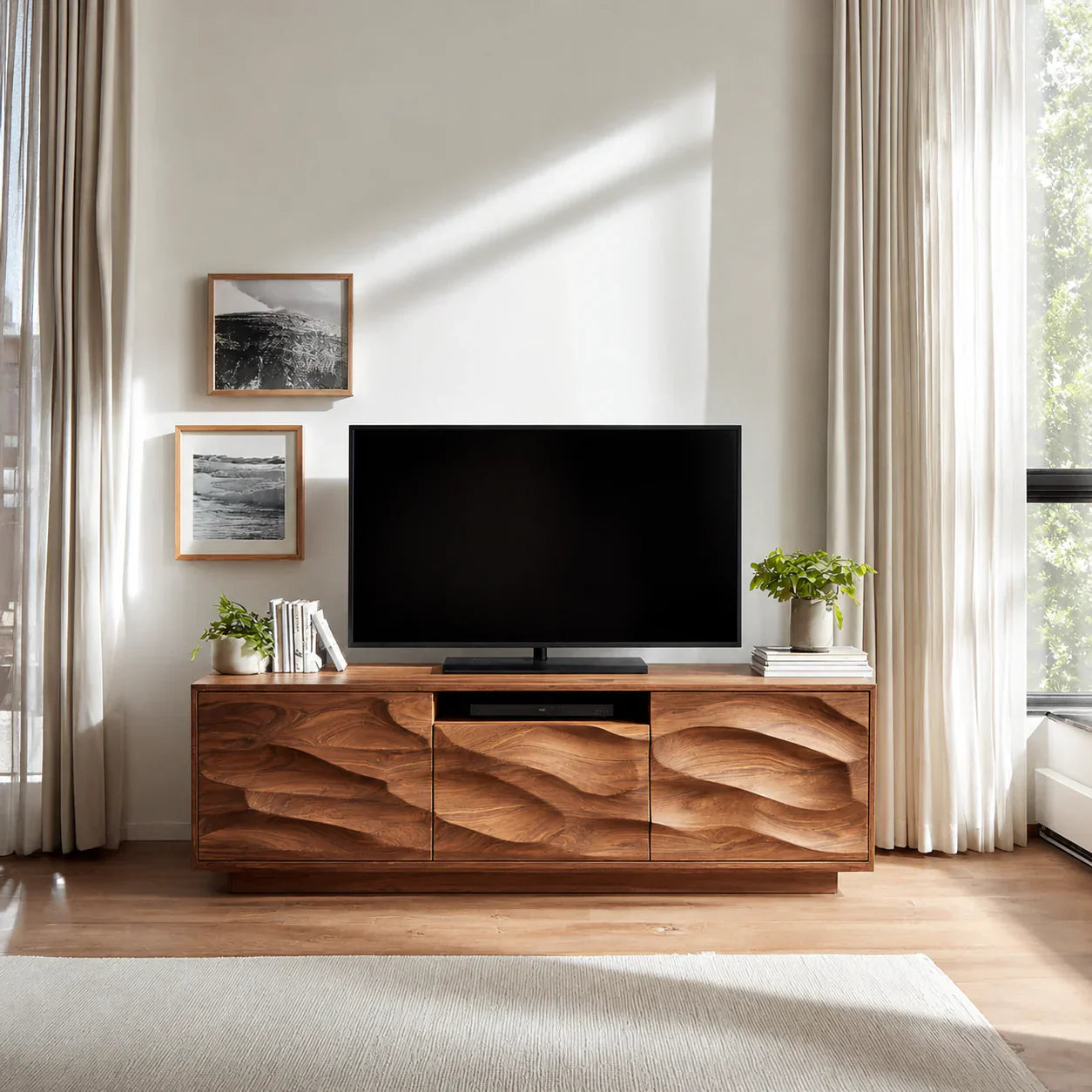 Handcrafted Solid Wood TV Stand with Sculpted Wave Cabinets and Center Media Storage - Woodenecho