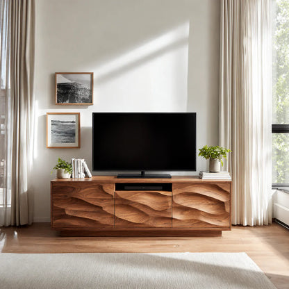 Handcrafted Solid Wood TV Stand with Sculpted Wave Cabinets and Center Media Storage - Woodenecho