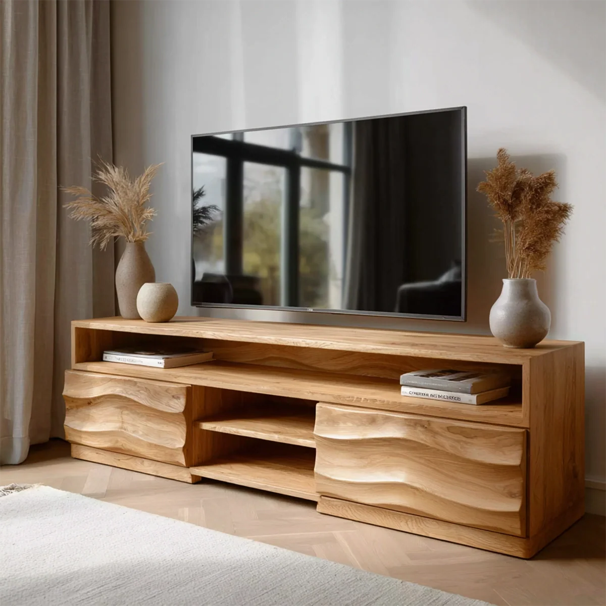 Handcrafted Solid Wood TV Stand with Sculpted Wave Cabinets and Layered Open Shelving - Rustirawood