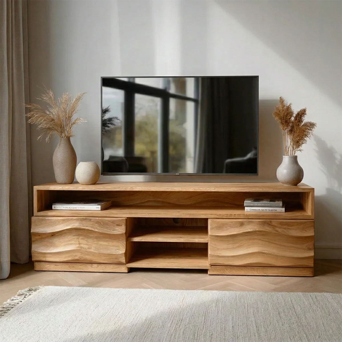 Handcrafted Solid Wood TV Stand with Sculpted Wave Cabinets and Layered Open Shelving - Rustirawood