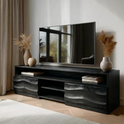 Handcrafted Solid Wood TV Stand with Sculpted Wave Cabinets and Layered Open Shelving - Rustirawood