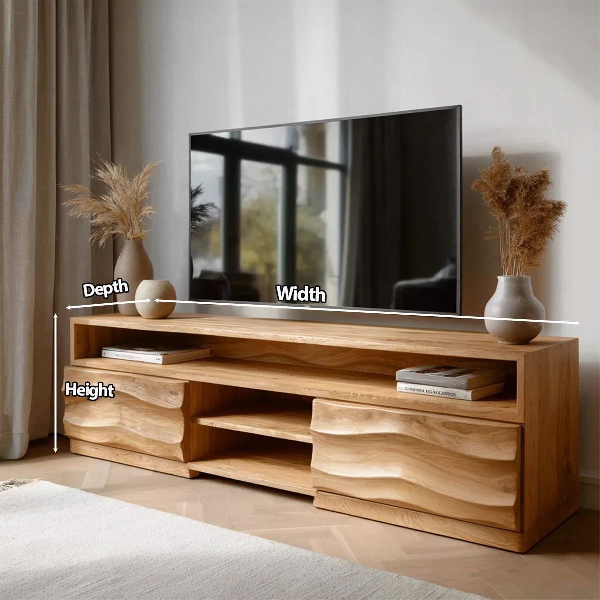 Handcrafted Solid Wood TV Stand with Sculpted Wave Cabinets and Layered Open Shelving - Rustirawood