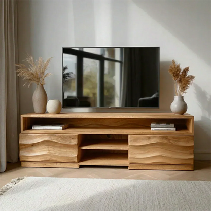 Handcrafted Solid Wood TV Stand with Sculpted Wave Cabinets and Layered Open Shelving - Woodenecho