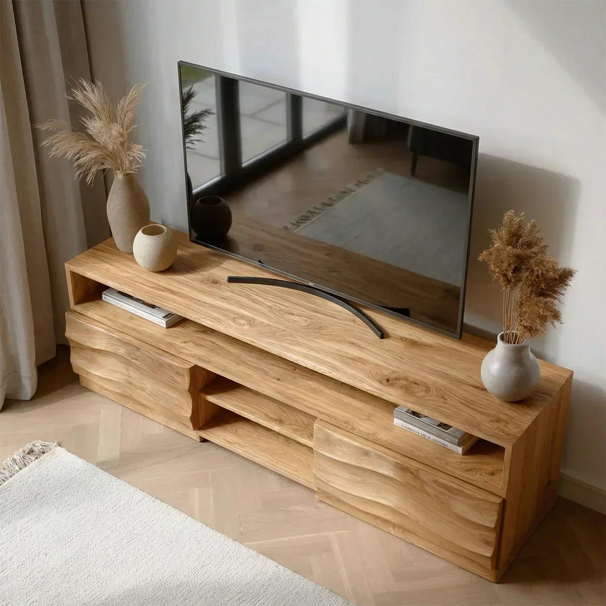 Handcrafted Solid Wood TV Stand with Sculpted Wave Cabinets and Layered Open Shelving - Woodenecho