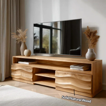 Handcrafted Solid Wood TV Stand with Sculpted Wave Cabinets and Layered Open Shelving - Woodenecho