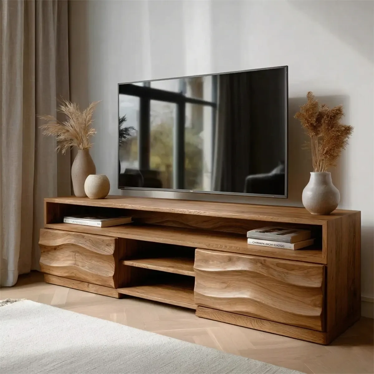 Handcrafted Solid Wood TV Stand with Sculpted Wave Cabinets and Layered Open Shelving - Woodenecho