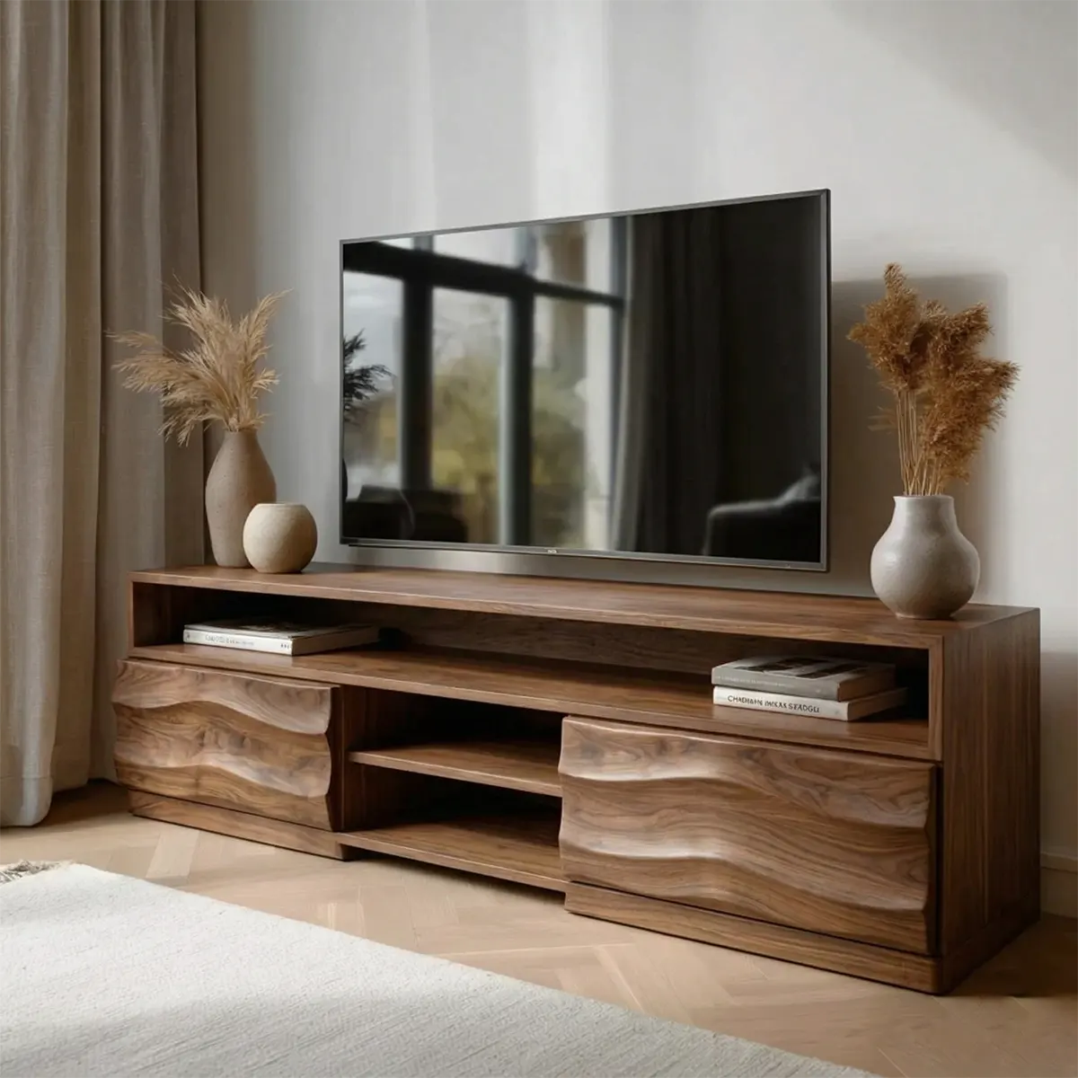 Handcrafted Solid Wood TV Stand with Sculpted Wave Cabinets and Layered Open Shelving - Woodenecho