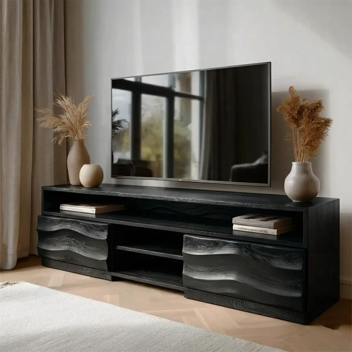 Handcrafted Solid Wood TV Stand with Sculpted Wave Cabinets and Layered Open Shelving - Woodenecho