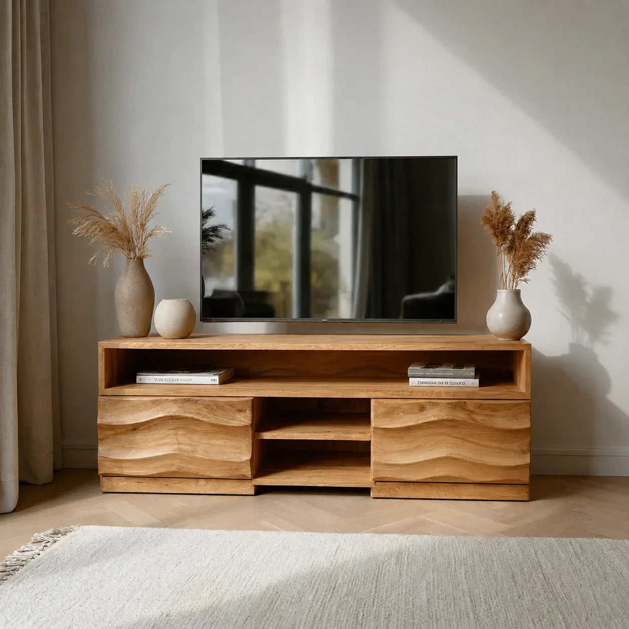Handcrafted Solid Wood TV Stand with Sculpted Wave Cabinets and Layered Open Shelving - Woodenecho