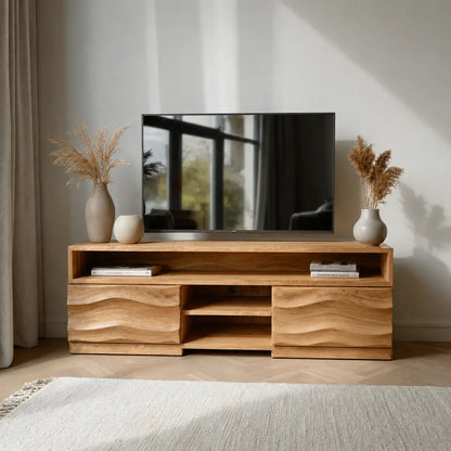 Handcrafted Solid Wood TV Stand with Sculpted Wave Cabinets and Layered Open Shelving - Woodenecho