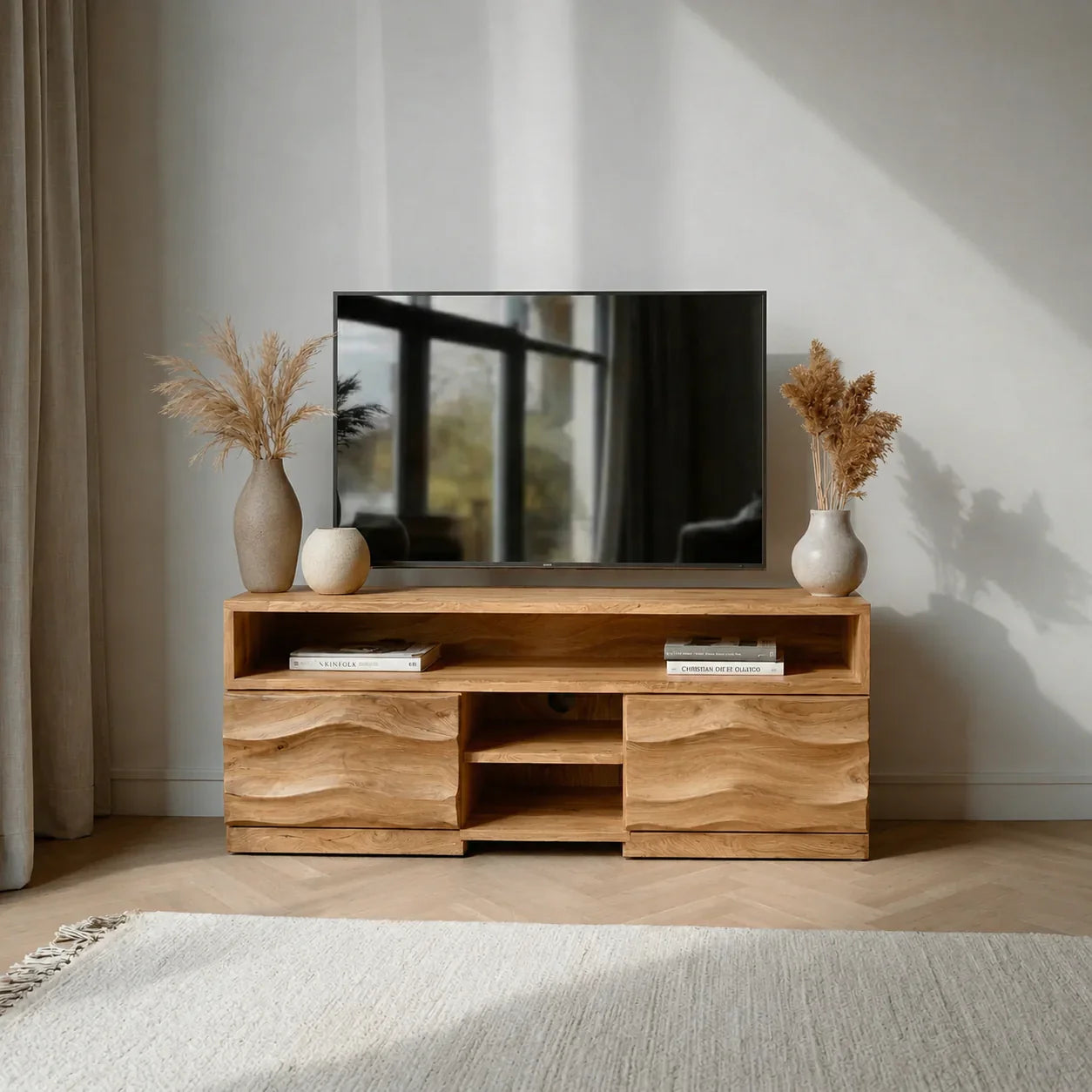 Handcrafted Solid Wood TV Stand with Sculpted Wave Cabinets and Layered Open Shelving - Woodenecho