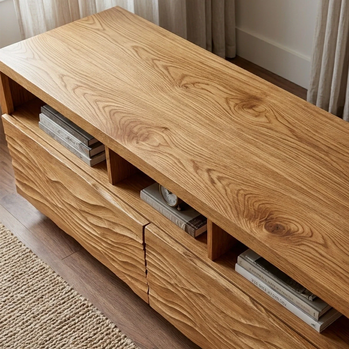 Handcrafted Solid Wood TV Stand with Sculpted Wave Doors and Open Media Compartments - Rustirawood