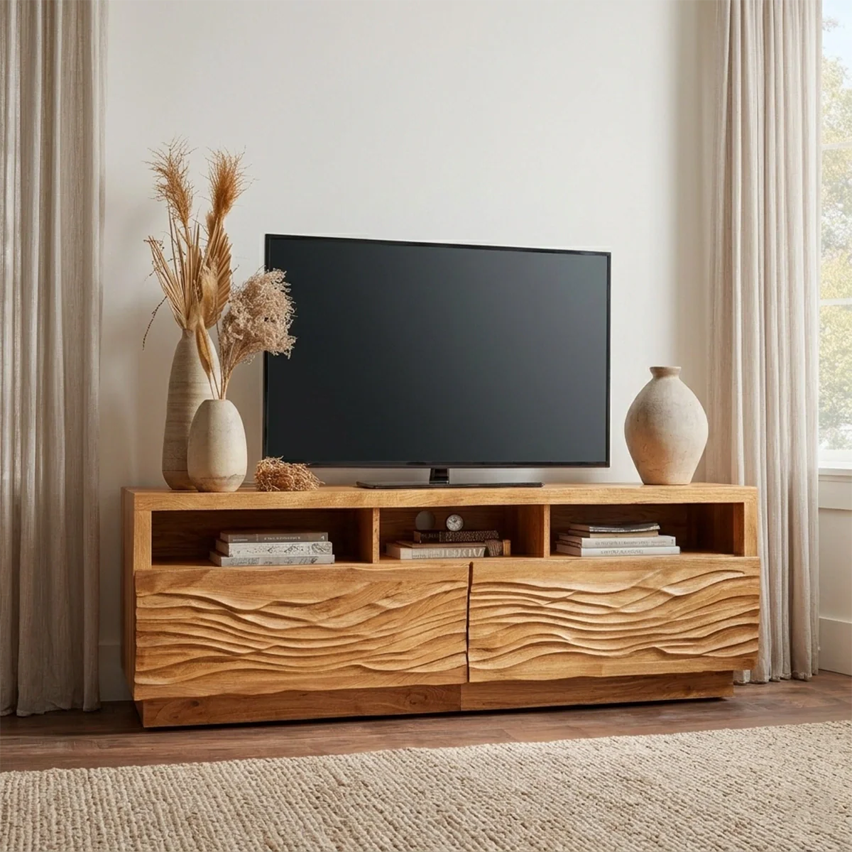 Handcrafted Solid Wood TV Stand with Sculpted Wave Doors and Open Media Compartments - Rustirawood