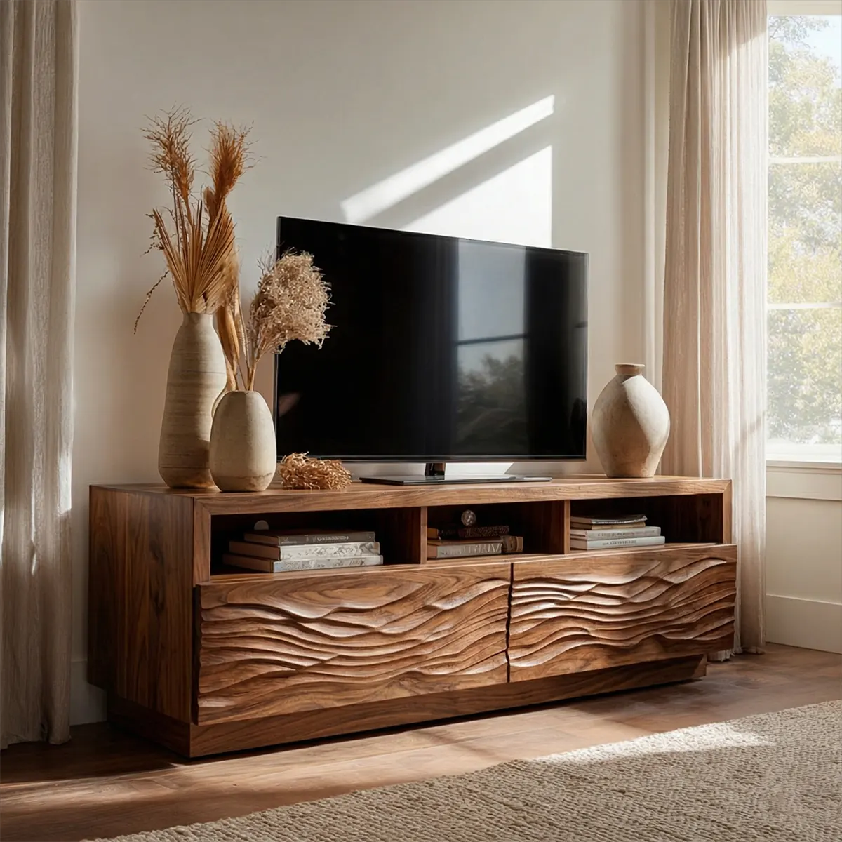 Handcrafted Solid Wood TV Stand with Sculpted Wave Doors and Open Media Compartments - Rustirawood