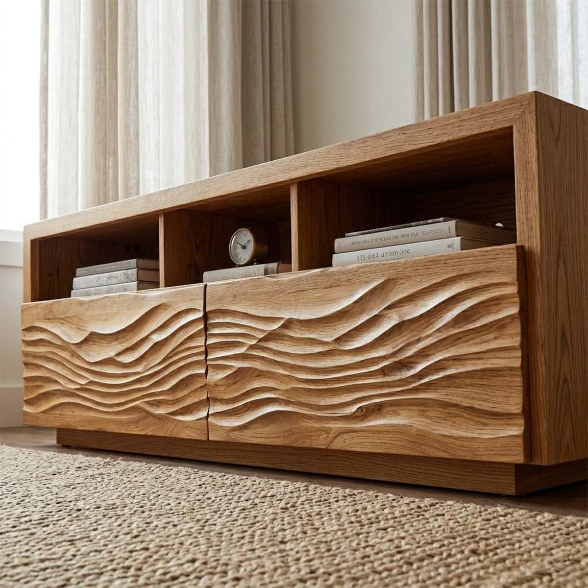 Handcrafted Solid Wood TV Stand with Sculpted Wave Doors and Open Media Compartments - Rustirawood