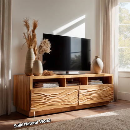 Handcrafted Solid Wood TV Stand with Sculpted Wave Doors and Open Media Compartments - Rustirawood