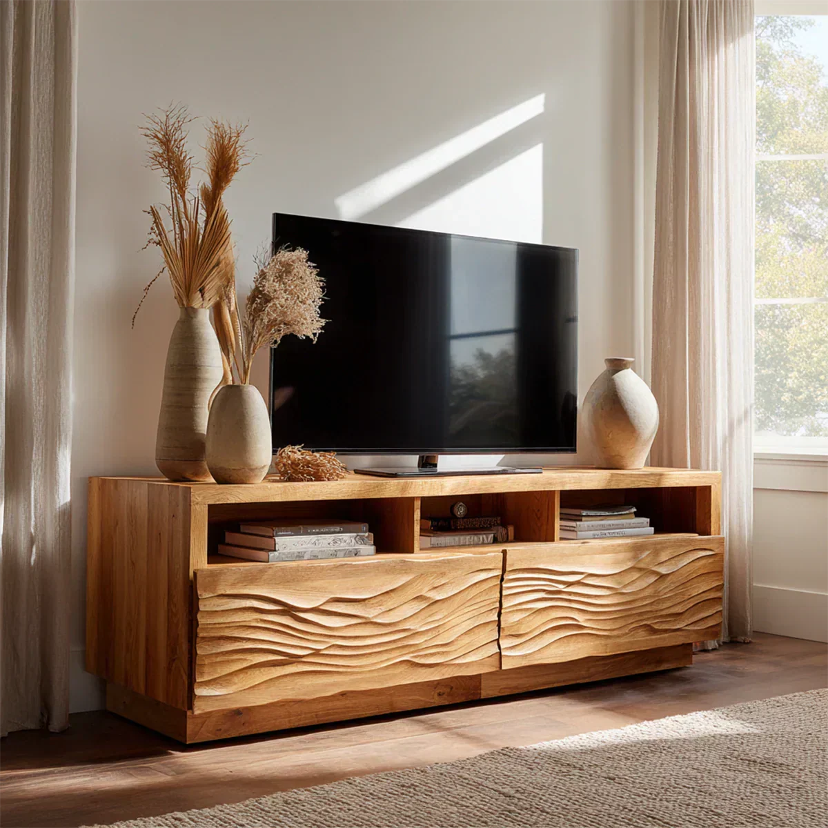 Handcrafted Solid Wood TV Stand with Sculpted Wave Doors and Open Media Compartments - Woodenecho