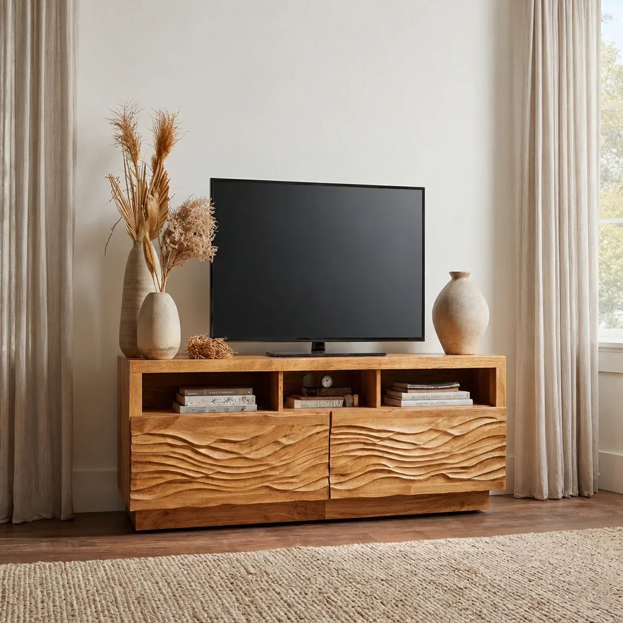 Handcrafted Solid Wood TV Stand with Sculpted Wave Doors and Open Media Compartments - Woodenecho