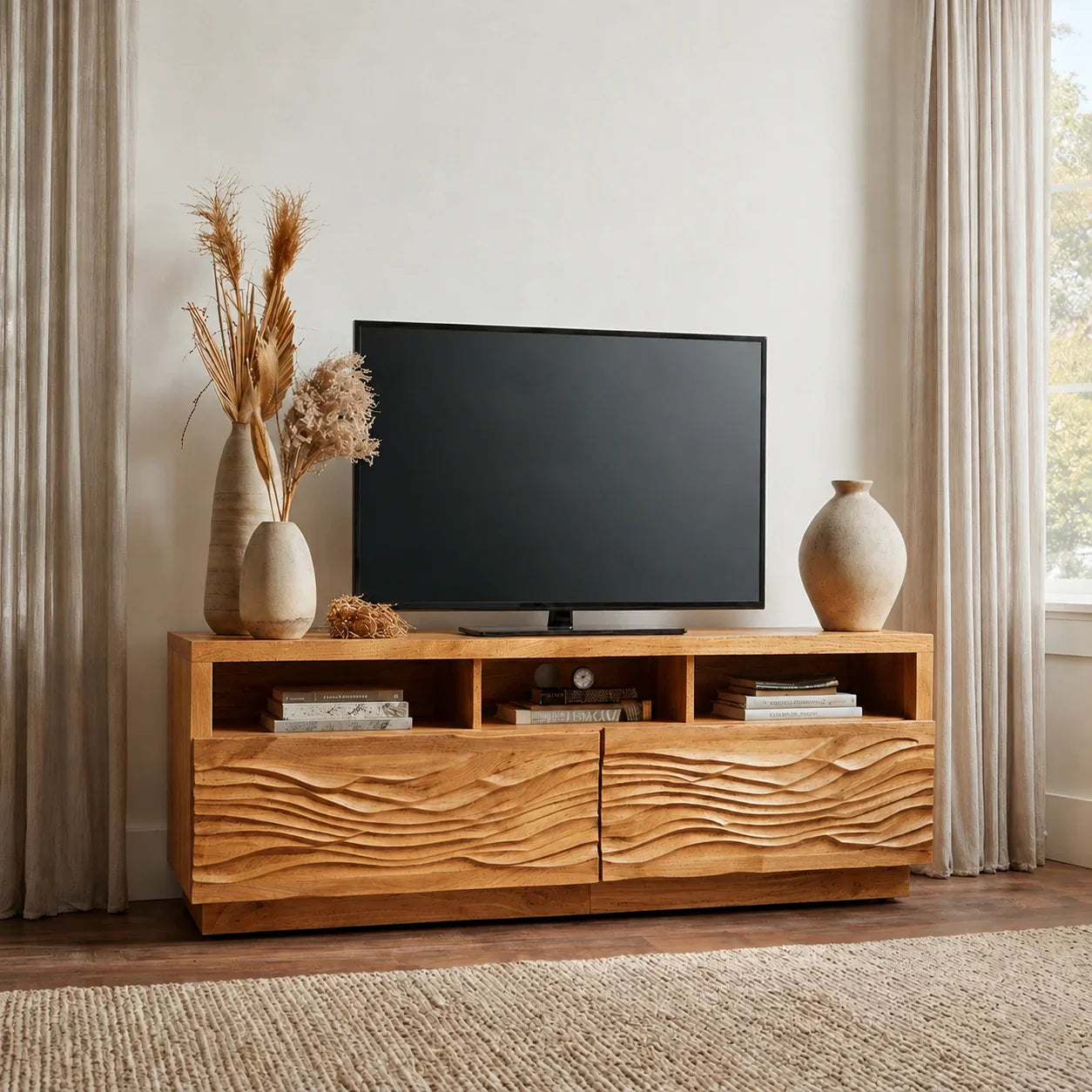 Handcrafted Solid Wood TV Stand with Sculpted Wave Doors and Open Media Compartments - Woodenecho