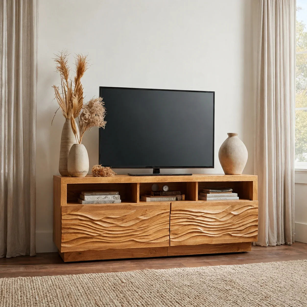 Handcrafted Solid Wood TV Stand with Sculpted Wave Doors and Open Media Compartments - Woodenecho