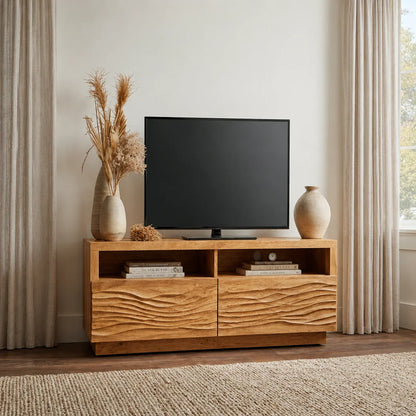 Handcrafted Solid Wood TV Stand with Sculpted Wave Doors and Open Media Compartments - Woodenecho