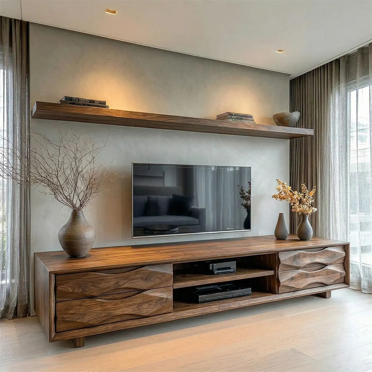 Handcrafted Solid Wood TV Stand with Sculpted Wave Drawers and Center Media Storage - Rustirawood