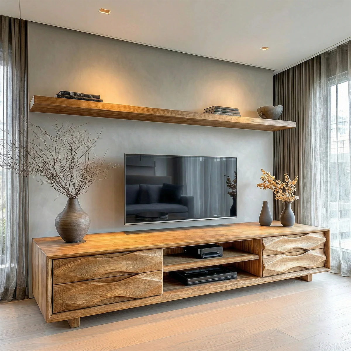 Handcrafted Solid Wood TV Stand with Sculpted Wave Drawers and Center Media Storage - Rustirawood