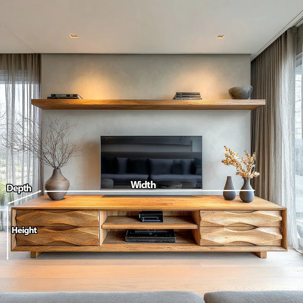 Handcrafted Solid Wood TV Stand with Sculpted Wave Drawers and Center Media Storage - Rustirawood