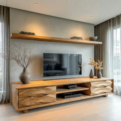Handcrafted Solid Wood TV Stand with Sculpted Wave Drawers and Center Media Storage - Woodenecho