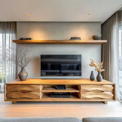 Handcrafted Solid Wood TV Stand with Sculpted Wave Drawers and Center Media Storage - Woodenecho