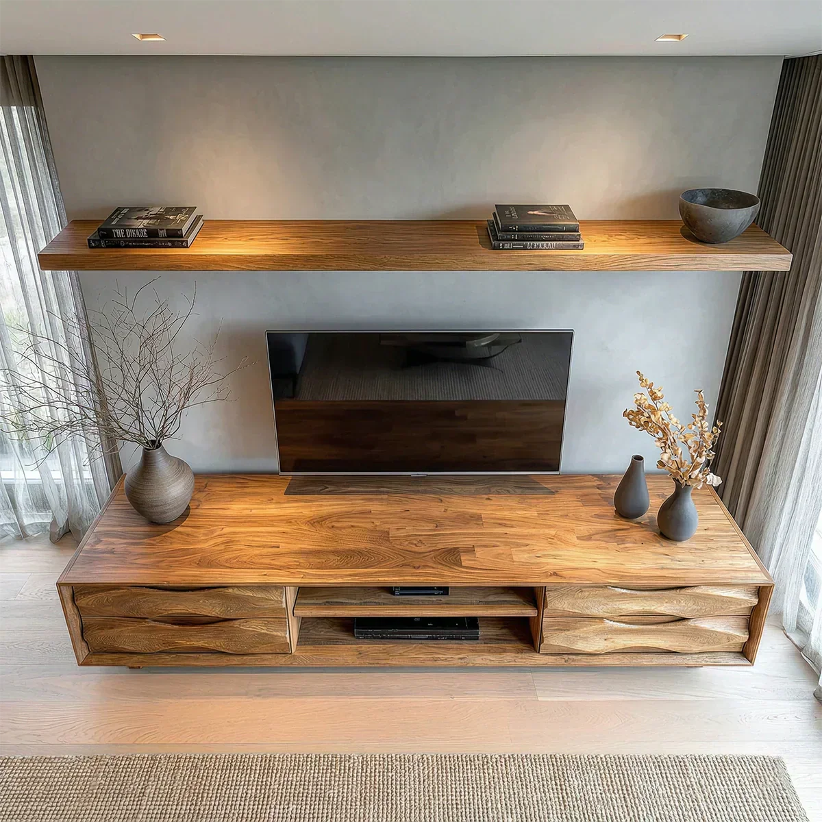 Handcrafted Solid Wood TV Stand with Sculpted Wave Drawers and Center Media Storage - Woodenecho
