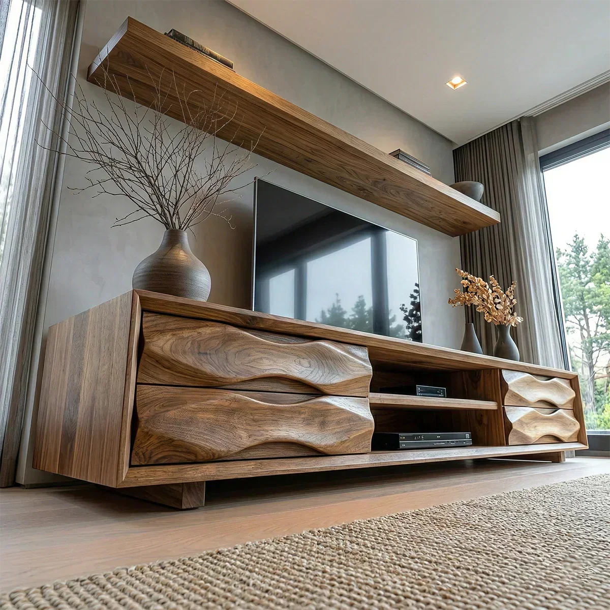 Handcrafted Solid Wood TV Stand with Sculpted Wave Drawers and Center Media Storage - Woodenecho