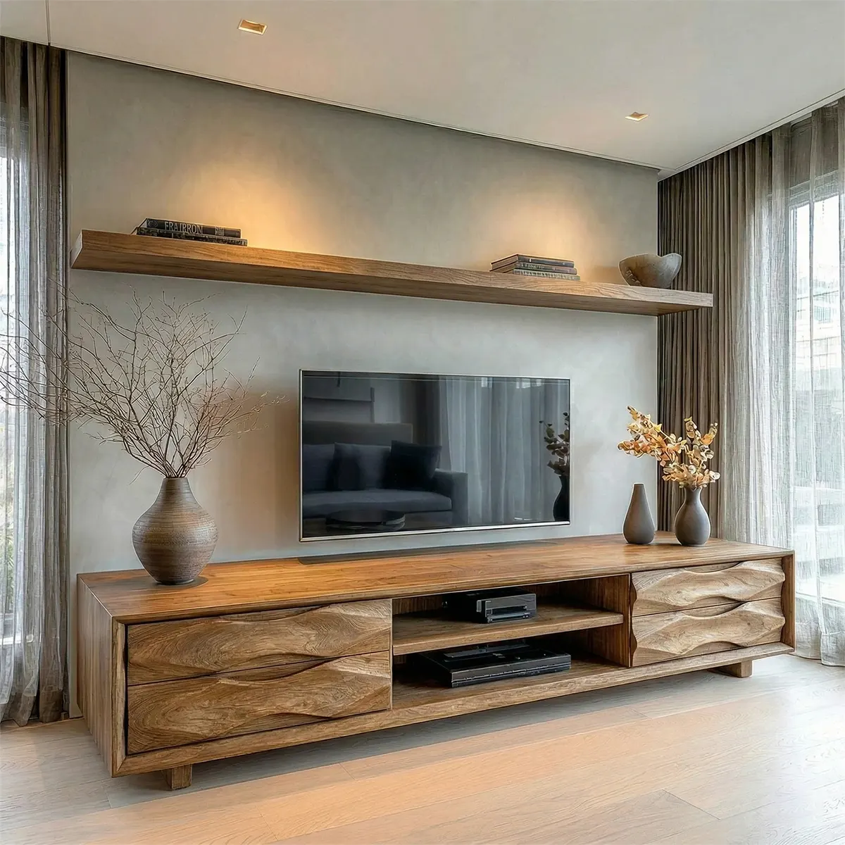 Handcrafted Solid Wood TV Stand with Sculpted Wave Drawers and Center Media Storage - Woodenecho
