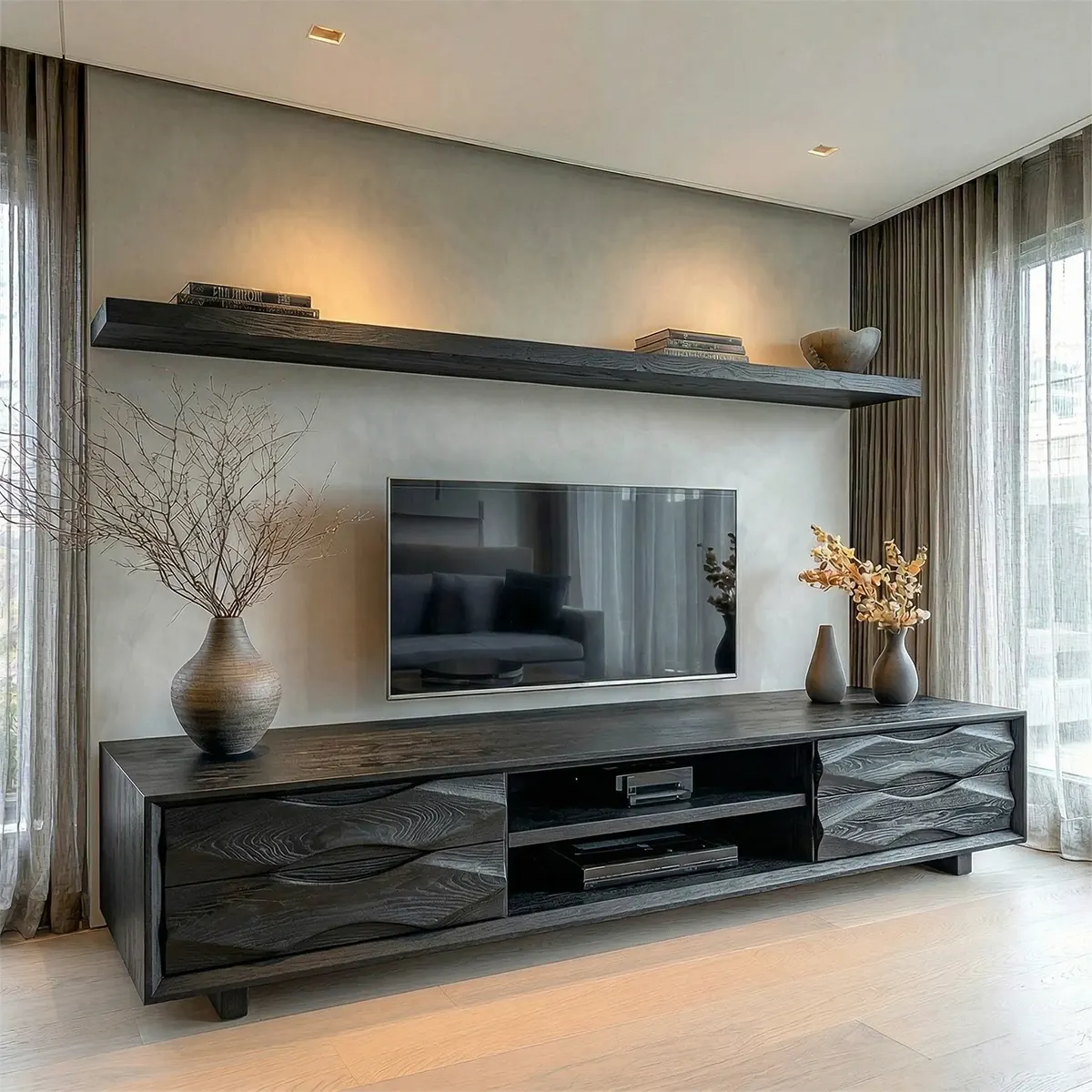 Handcrafted Solid Wood TV Stand with Sculpted Wave Drawers and Center Media Storage - Woodenecho