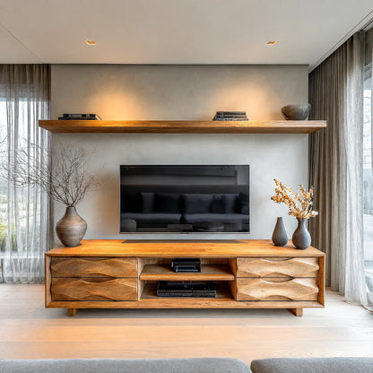 Handcrafted Solid Wood TV Stand with Sculpted Wave Drawers and Center Media Storage - Woodenecho