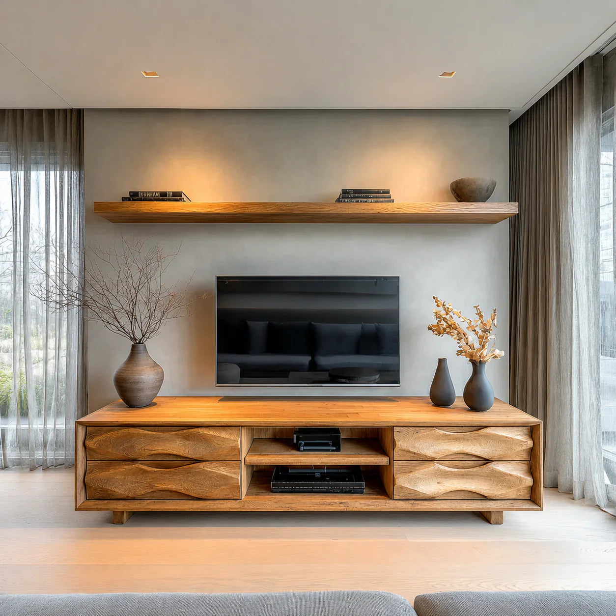 Handcrafted Solid Wood TV Stand with Sculpted Wave Drawers and Center Media Storage - Woodenecho