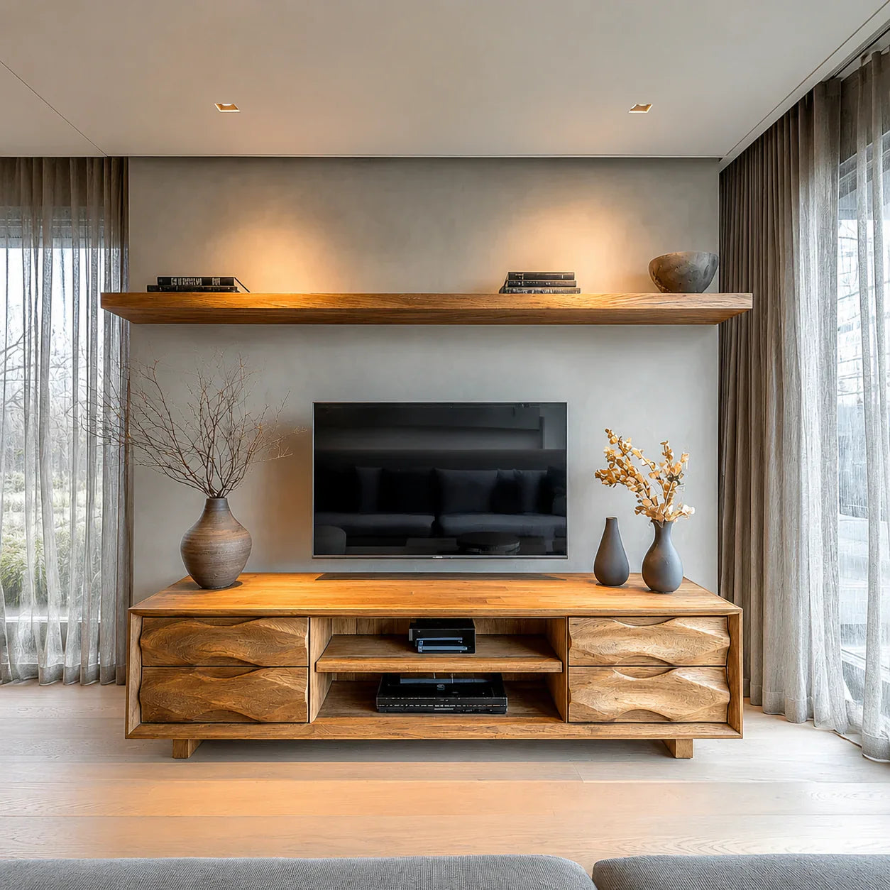 Handcrafted Solid Wood TV Stand with Sculpted Wave Drawers and Center Media Storage - Woodenecho