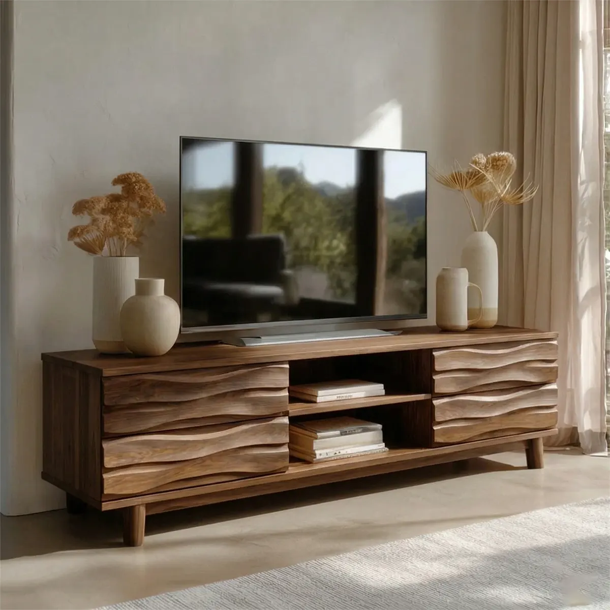 Handcrafted Solid Wood TV Stand with Sculpted Wave Drawers and Center Open Shelving - Rustirawood