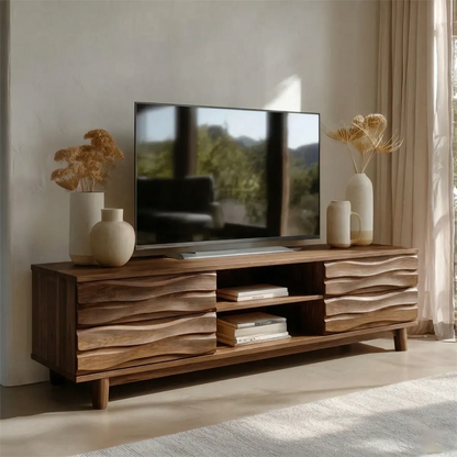 Handcrafted Solid Wood TV Stand with Sculpted Wave Drawers and Center Open Shelving - Rustirawood
