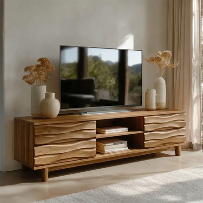 Handcrafted Solid Wood TV Stand with Sculpted Wave Drawers and Center Open Shelving - Rustirawood
