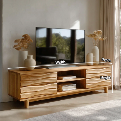 Handcrafted Solid Wood TV Stand with Sculpted Wave Drawers and Center Open Shelving - Rustirawood