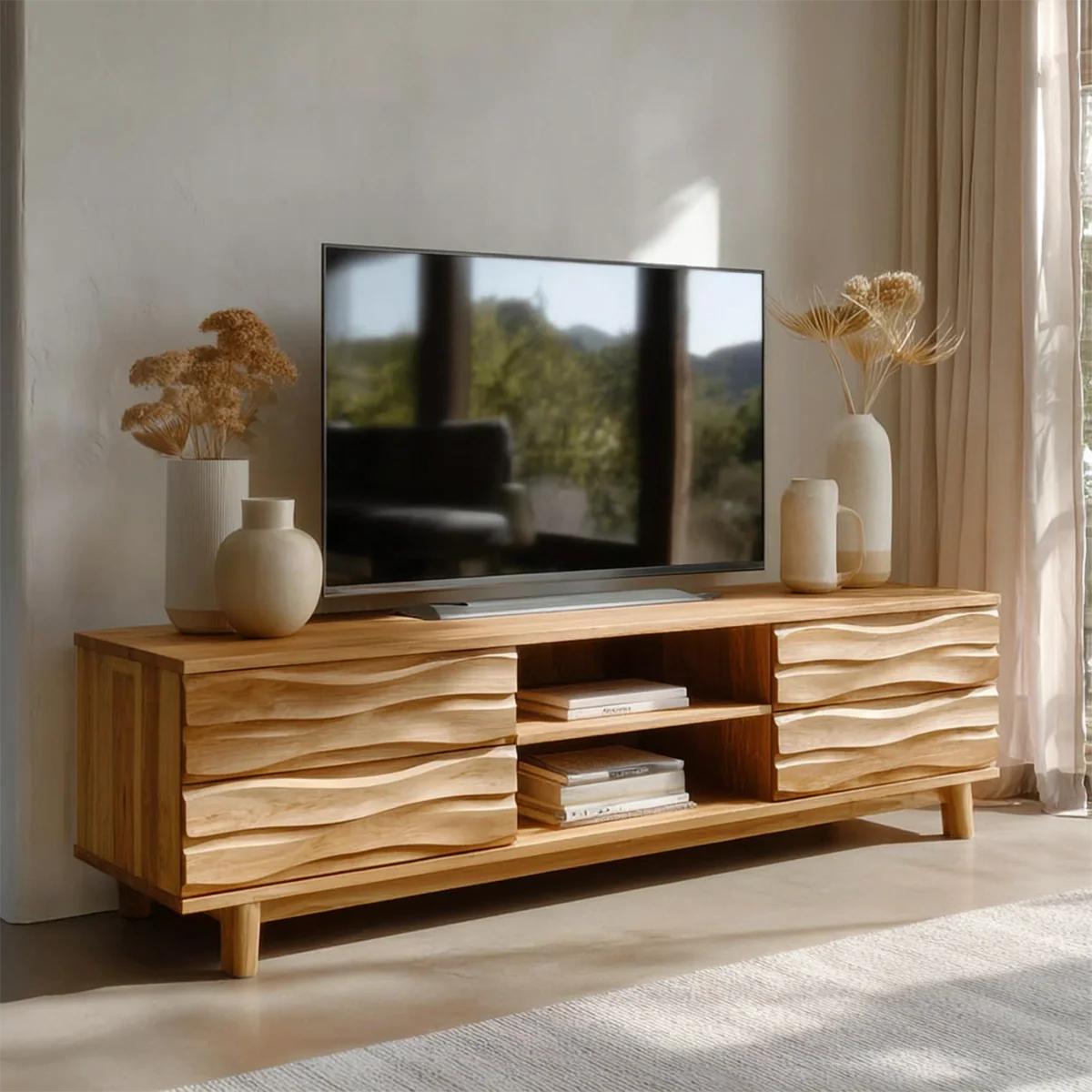 Handcrafted Solid Wood TV Stand with Sculpted Wave Drawers and Center Open Shelving - Rustirawood