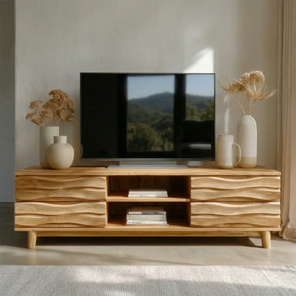 Handcrafted Solid Wood TV Stand with Sculpted Wave Drawers and Center Open Shelving - Woodenecho