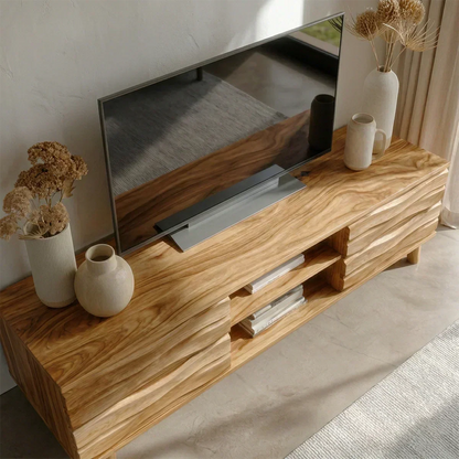 Handcrafted Solid Wood TV Stand with Sculpted Wave Drawers and Center Open Shelving - Woodenecho